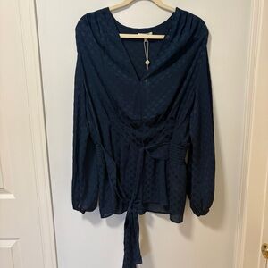Max Studio Plus Size Blouse Polka Dot Print Navy Blue NWT Size 1X Belted v-neck
